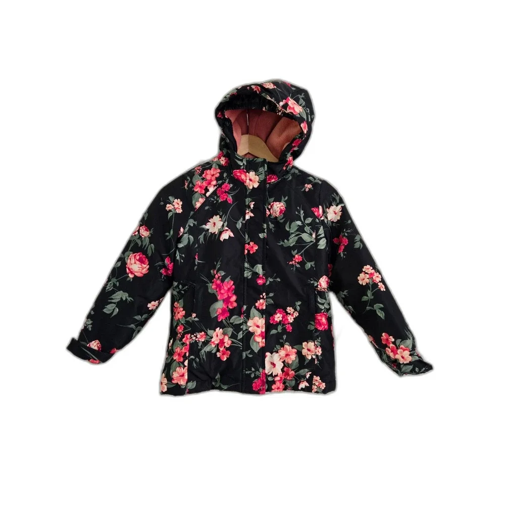 Children Place Girls Coat Floral Kids Black 7/8 Hooded Winter Snow Warm